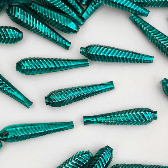 6 Dark Teal Long Ribbed Drop Glass Beads 1.25" ~ Czech Republic
