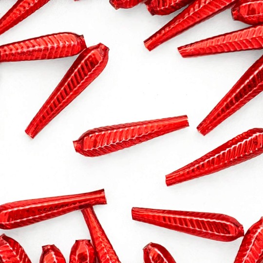 6 Red Long Ribbed Drop Glass Beads 1.25" ~ Czech Republic