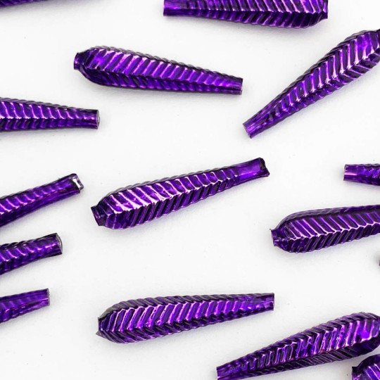 6 Purple Long Ribbed Drop Glass Beads 1.25" ~ Czech Republic