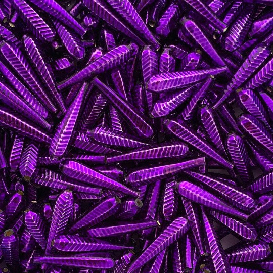 6 Purple Long Ribbed Drop Glass Beads 1.25" ~ Czech Republic