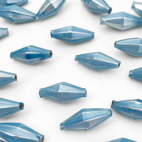 7 Pearl Light Blue Diamond Cut Blown Glass Beads 1" ~ Czech Republic