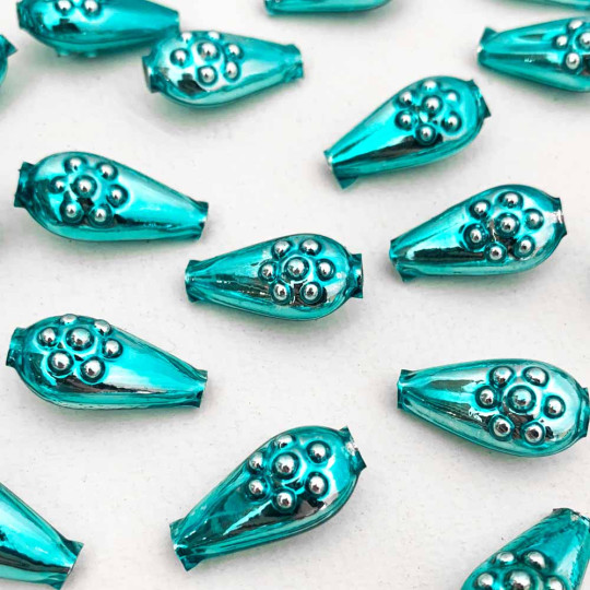 8 Aqua Flower Drop Blown Glass Beads .75" ~ Czech Republic