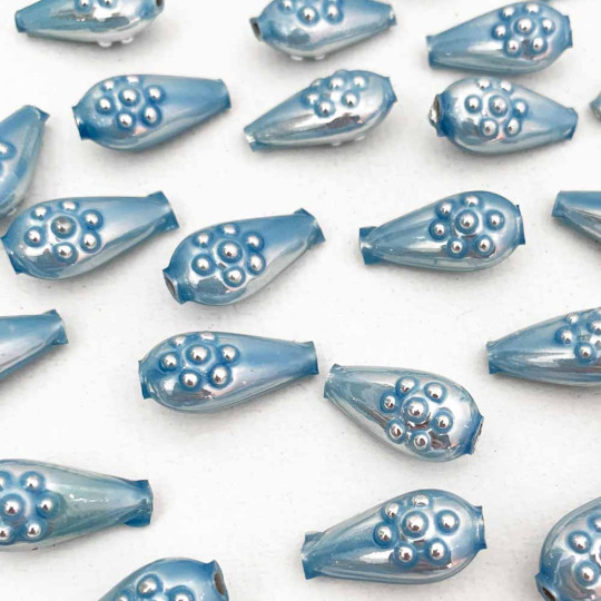 8 Pearl Light Blue Flower Drop Blown Glass Beads .75" ~ Czech Republic