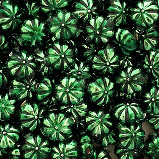 7 Dark Green Fancy Flower Blown Glass Beads .625" ~ Czech Republic