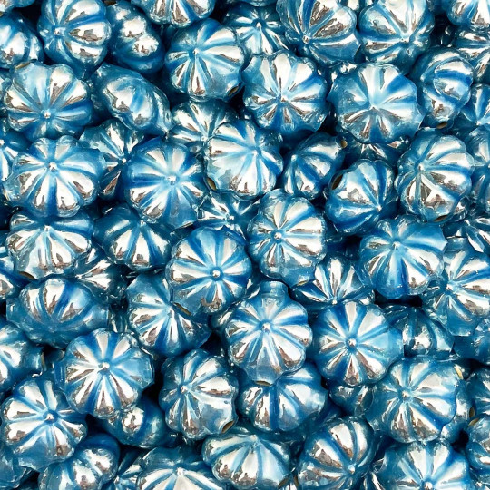 7 Pearl Blue Fancy Flower Blown Glass Beads .625" ~ Czech Republic