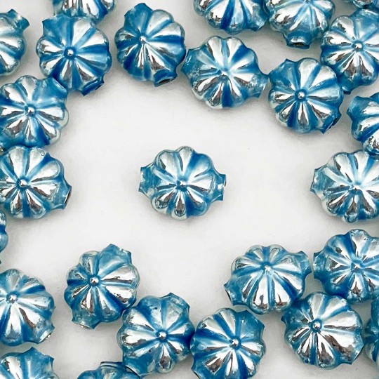 7 Pearl Blue Fancy Flower Blown Glass Beads .625" ~ Czech Republic