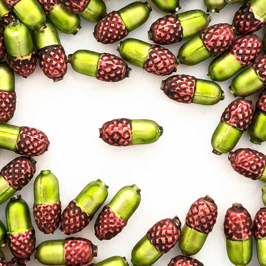 6 Brown + Matte Green Acorn Blown Glass Beads .75" ~ Czech Republic