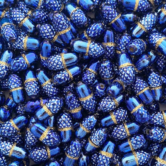 6 Blue + Gold Glitter Acorn Blown Glass Beads .75" ~ Czech Republic