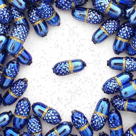 6 Blue + Gold Glitter Acorn Blown Glass Beads .75" ~ Czech Republic