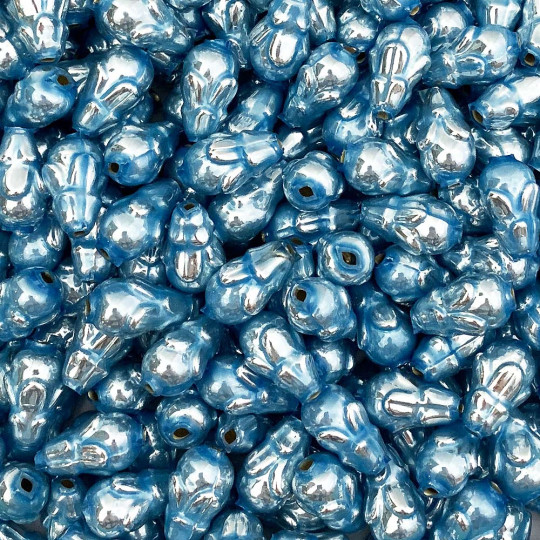 6 Pearl Blue Flower Bud Blown Glass Beads .75" ~ Czech Republic