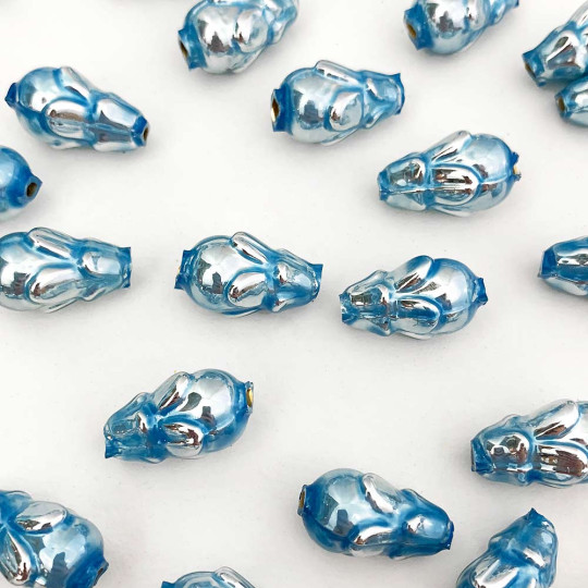 6 Pearl Blue Flower Bud Blown Glass Beads .75" ~ Czech Republic