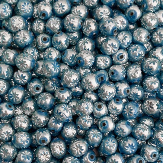 8 Pearl Light Blue Round Indent Blown Glass Beads .5" ~ Czech Republic