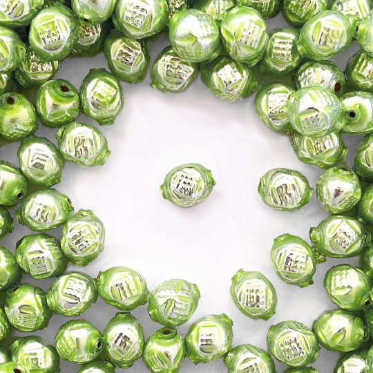 10 Pearl Green Fancy Round Blown Glass Beads .5" ~ Czech Republic