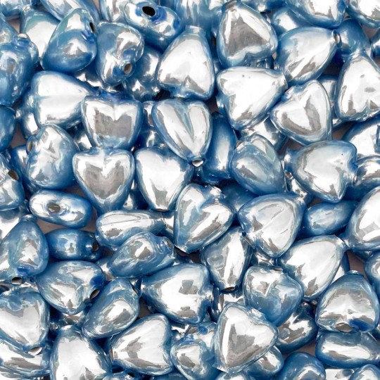 7 Pearl Light Blue Heart Blown Glass Beads .625" ~ Czech Republic