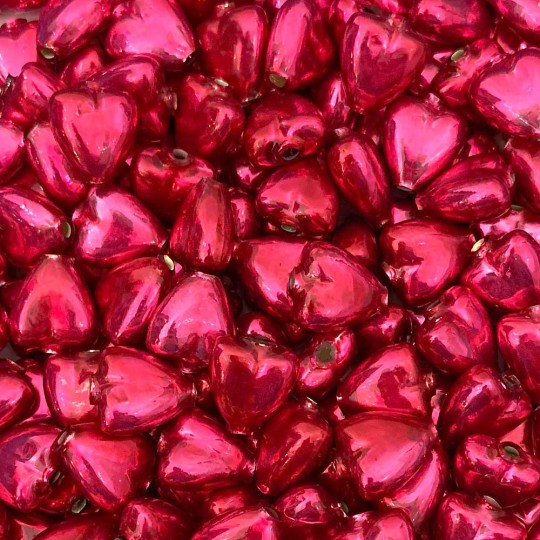 7 Pearl Fuchsia Pink Heart Blown Glass Beads .625" ~ Czech Republic