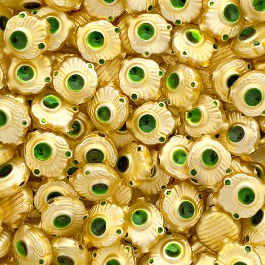 5 Gold and Green Extra Fancy Blown Glass Beads .875" ~ Czech Republic