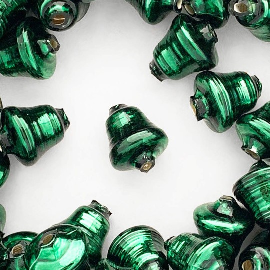 3 Dark Green Bell Beads 1" ~ Czech Republic
