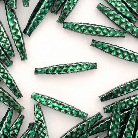 5 Dark Green Quilted Drop Blown Glass Beads 1.25" ~ Czech Republic