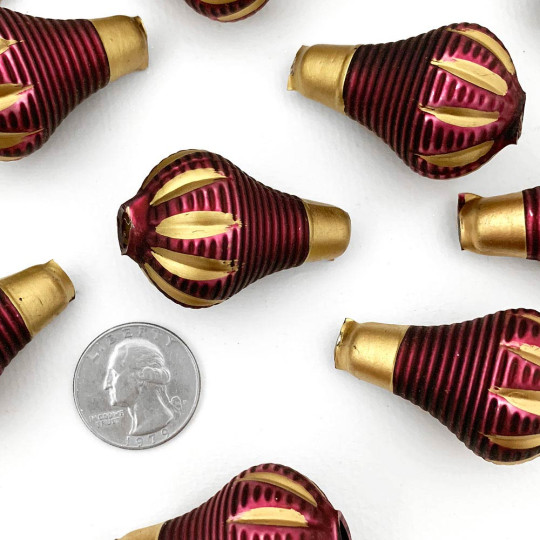 2 Extra Large Matte Burgundy Ribbed Pear Blown Glass Beads 1-3/4 ~ Czech Republic