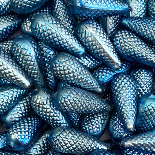 3 Large Matte Steel Blue Pine Cone Beads 1.75" ~ Czech Republic
