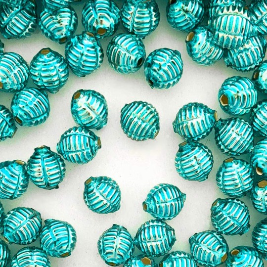 7 Aqua Fancy Ribbed Balls Blown Glass Beads .625" ~ Czech Republic