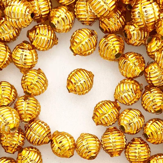 7 Gold Fancy Ribbed Balls Blown Glass Beads .625" ~ Czech Republic