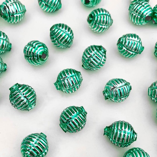 7 Light Green Fancy Ribbed Balls Blown Glass Beads .625" ~ Czech Republic