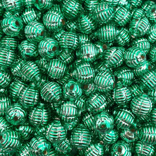 7 Light Green Fancy Ribbed Balls Blown Glass Beads .625" ~ Czech Republic