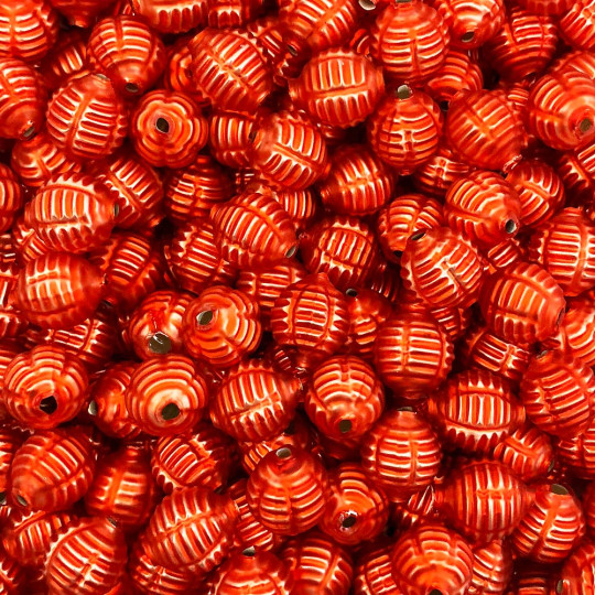 7 Matte Pumpkin Orange Fancy Ribbed Balls Blown Glass Beads .625" ~ Czech Republic