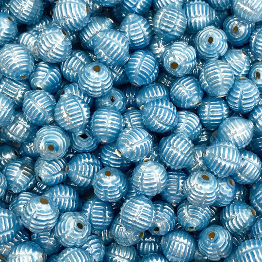 7 Pearl Blue Fancy Ribbed Balls Blown Glass Beads .625" ~ Czech Republic