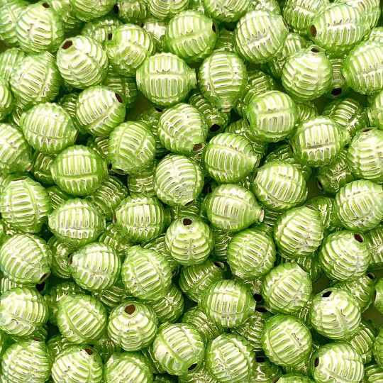 7 Pearl Green Fancy Ribbed Balls Blown Glass Beads .625" ~ Czech Republic