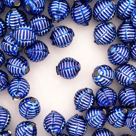 7 Blue Fancy Ribbed Balls Blown Glass Beads .625" ~ Czech Republic