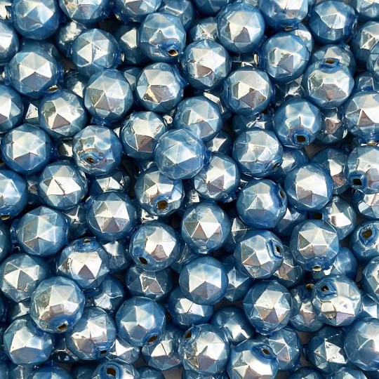 8 Pearl Blue Faceted Ball Blown Glass Beads 13mm ~ Czech Republic