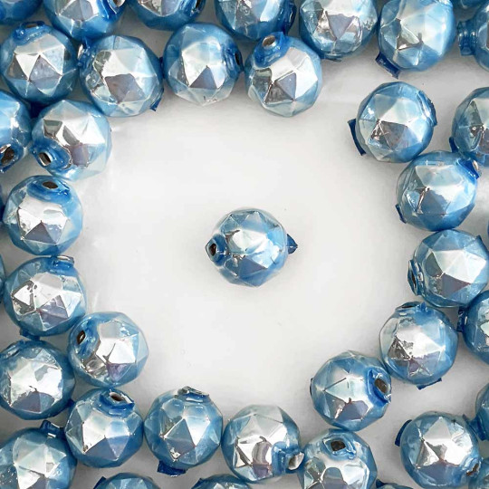 8 Pearl Blue Faceted Ball Blown Glass Beads 13mm ~ Czech Republic