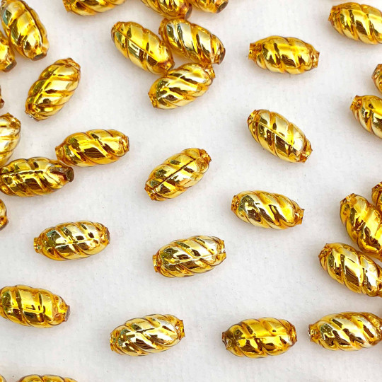 10 Gold Twisted Oval Glass Beads 14mm ~ Czech Republic