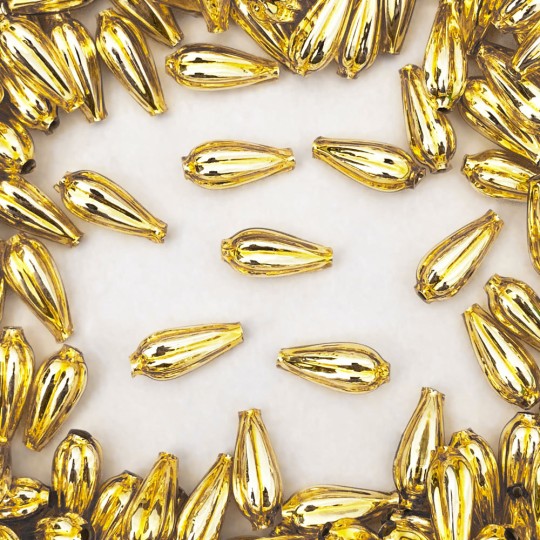 8 Gold Fluted Drop Blown Glass Beads 3/4" ~ Czech Republic