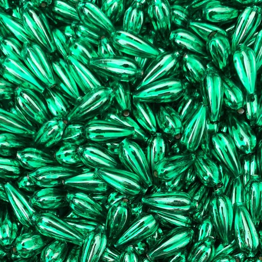 8 Green Fluted Drop Blown Glass Beads 3/4" ~ Czech Republic