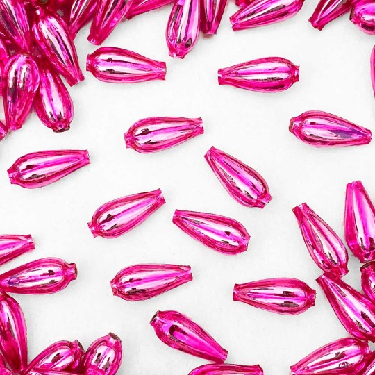 8 Hot Pink Fluted Drop Blown Glass Beads 3/4" ~ Czech Republic