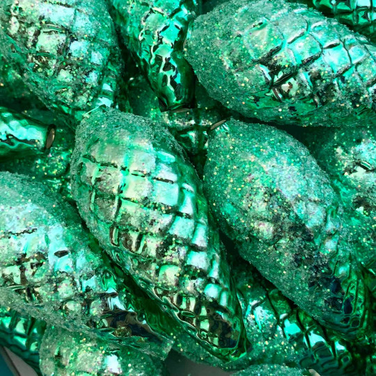 Extra Large Light Green Glittered Pine Cone Figural Glass Garland Bead ~ 2-1/4"