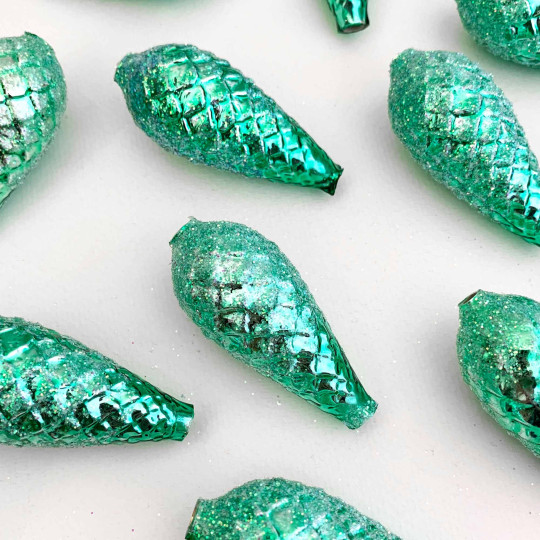 Extra Large Light Green Glittered Pine Cone Figural Glass Garland Bead ~ 2-1/4"