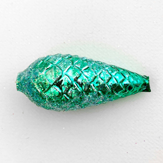 Extra Large Light Green Glittered Pine Cone Figural Glass Garland Bead ~ 2-1/4"