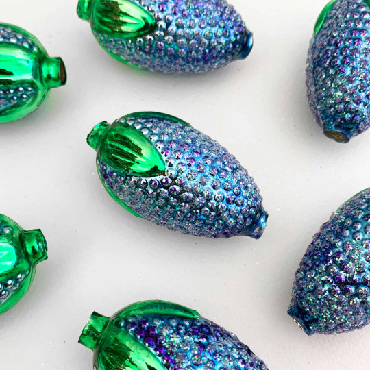 Extra Large Blue and Purple Glittered Raspberry Figural Glass Garland Bead ~ 2-1/4"
