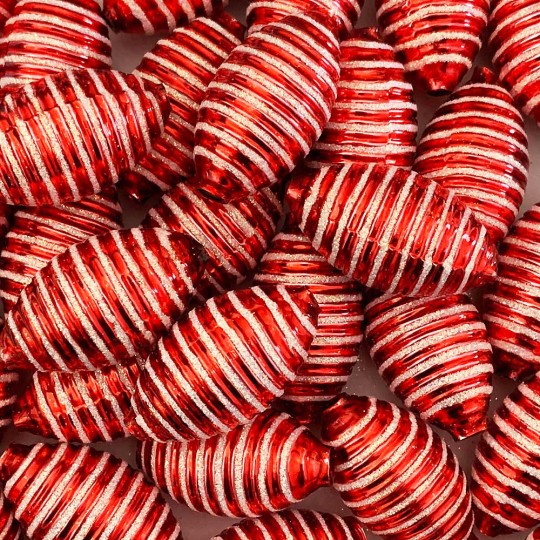 2 Red Glittered Large Ribbed Drop Glass Garland Beads ~ 1-3/4"