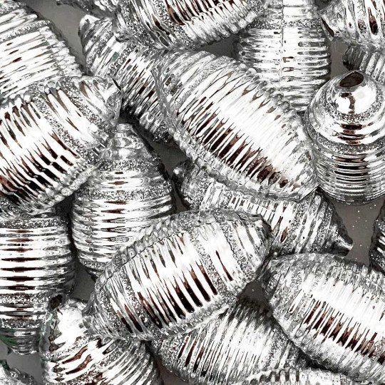2 Silver Glittered Large Ribbed Drop Glass Garland Beads ~ 1-3/4"