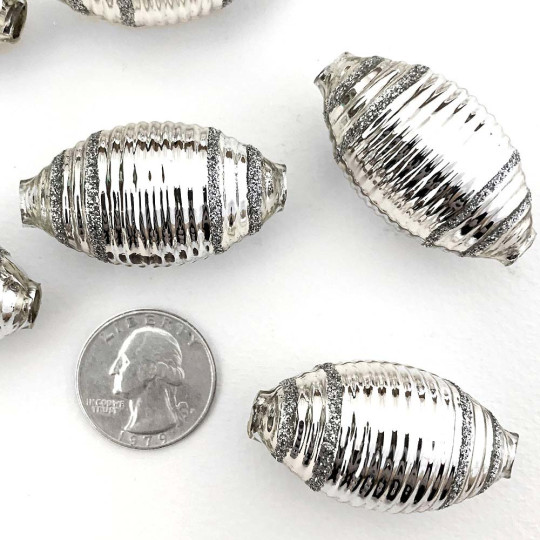 2 Silver Glittered Large Ribbed Drop Glass Garland Beads ~ 1-3/4"