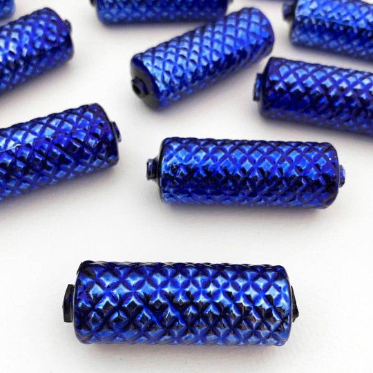 1 Blue Quilted Cylinder Glass Garland Bead ~ 1-3/4"