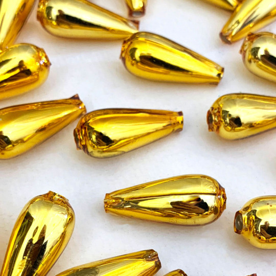 6 Gold Drop Blown Glass Beads 1" ~ Czech Republic