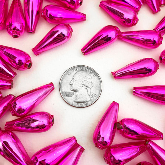 6 Hot Pink Drop Blown Glass Beads 1" ~ Czech Republic