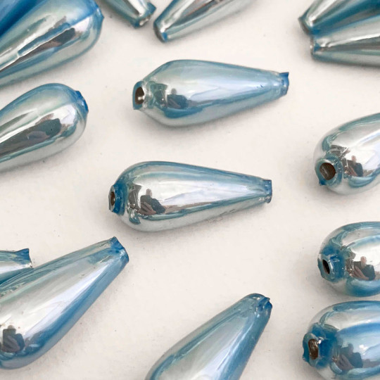 6 Pearl Light Blue Drop Blown Glass Beads 1" ~ Czech Republic