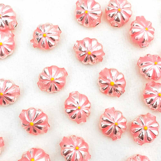 7 Flower Shaped Glass Garland Beads ~ Pearl Light Pink + Yellow Centers ~ 18mm